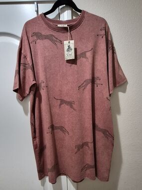 🐆 Easel Los Angeles Cheetah Print Tee Dress Oversized Small With Pockets NWT